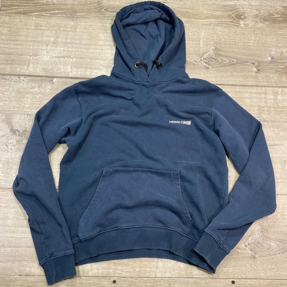Roberto Cavalli Hoodie‎ Men's S Blue Graphic Logo Pullover Designer Back Print